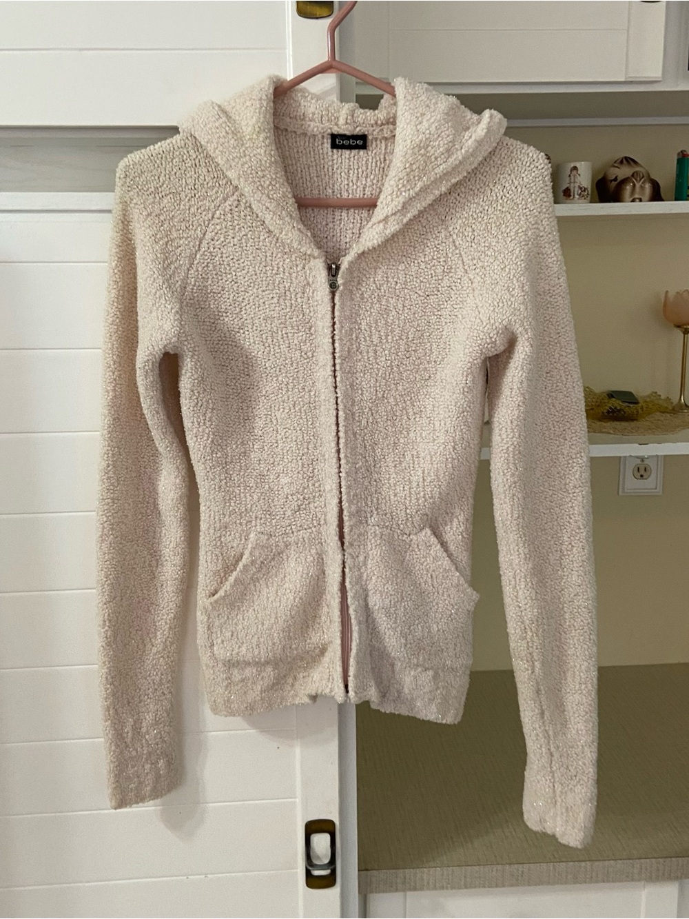 Y2K Vintage Soft Cream Pink Knitted Sparkle Sweater with Hood